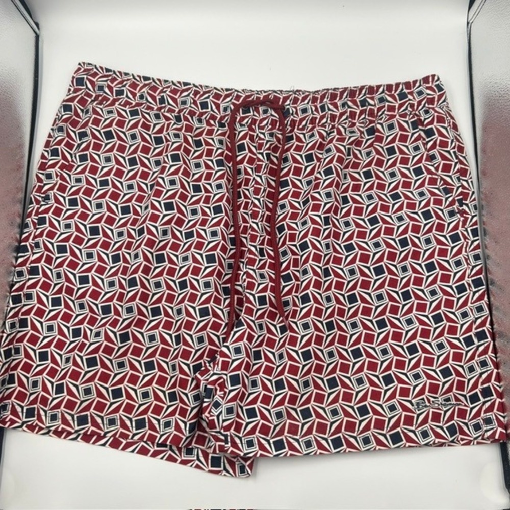 Ben Sherman Men's Red & Navy Geometric Mesh‎ Lined Swimming Trunks Size XL